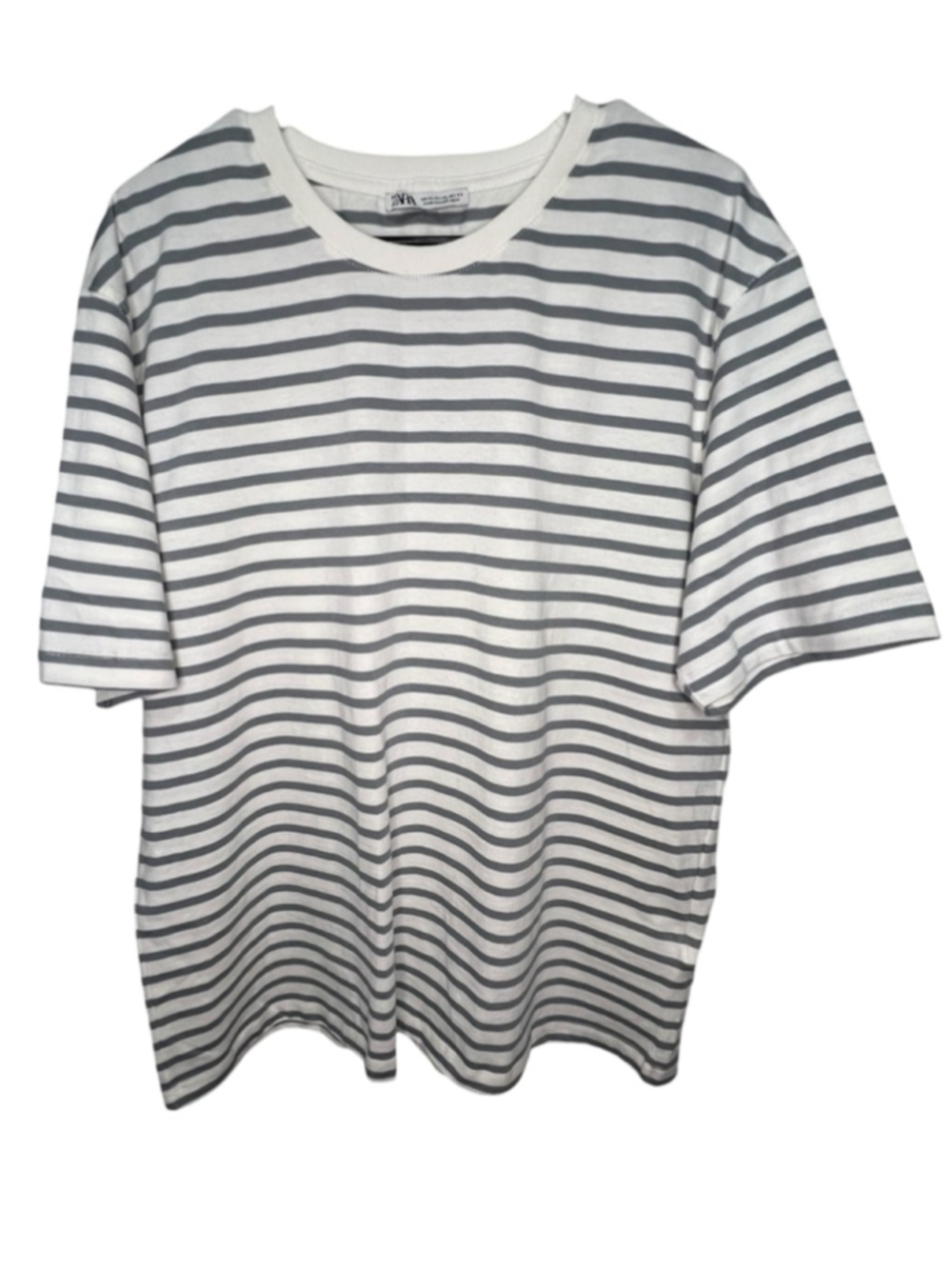 ZARA Grey And White Striped 100% Cotton Basic Short Sleeve T-Shirt